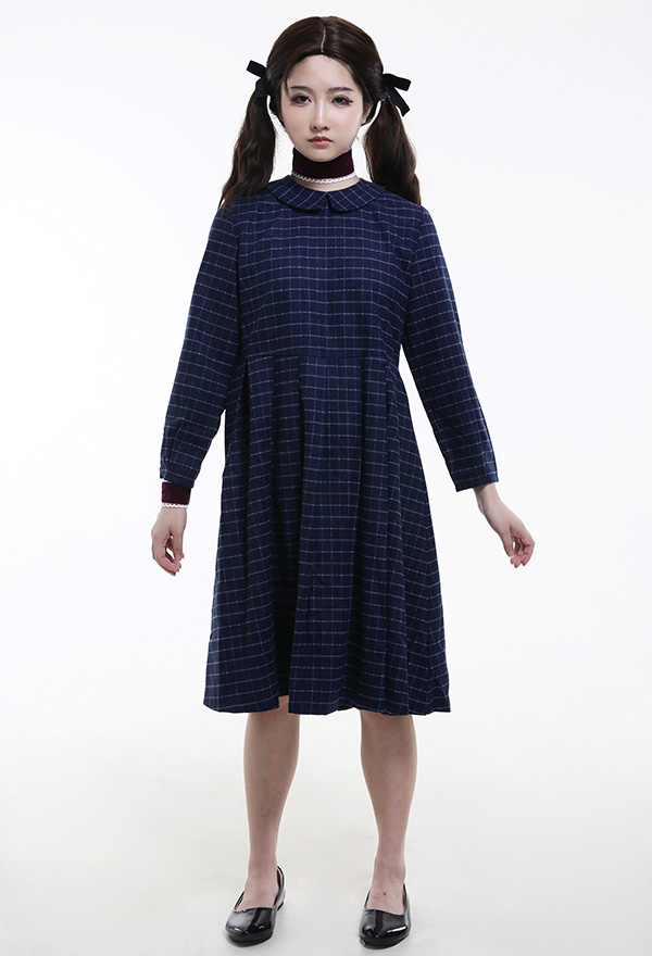 Gothic School Girl Dress Dark Blue Wool Knee-length Plaid Dress Halloween Costume with Necklace