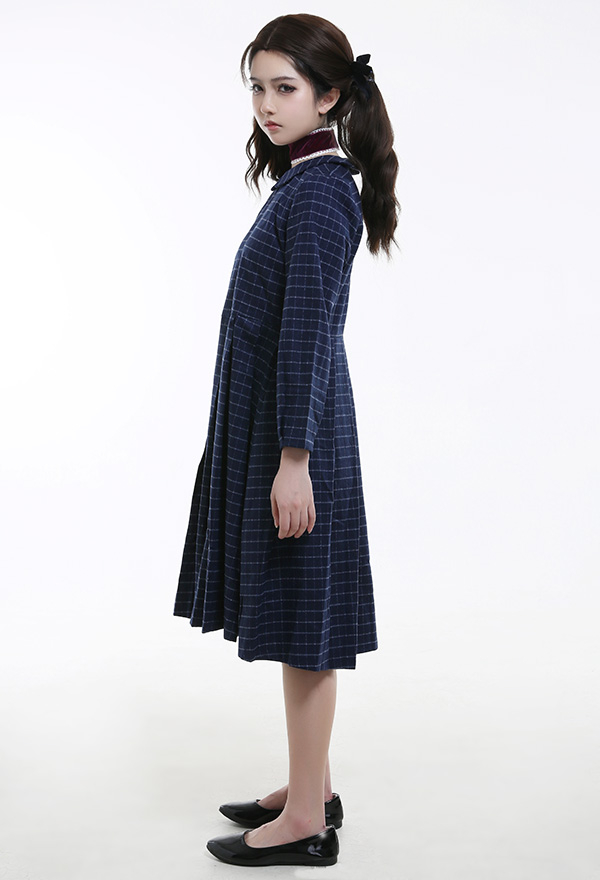 Gothic School Girl Dress Dark Blue Wool Knee-length Plaid Dress Halloween Costume with Necklace