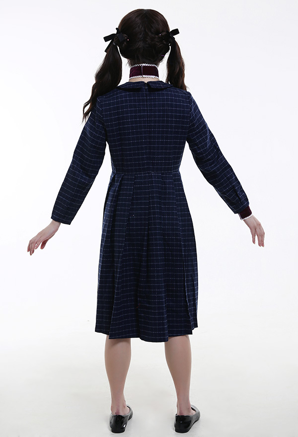 Gothic School Girl Dress Dark Blue Wool Knee-length Plaid Dress Halloween Costume with Necklace