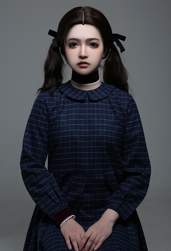 Gothic School Girl Dress Dark Blue Wool Knee-length Plaid Dress Halloween Costume with Necklace