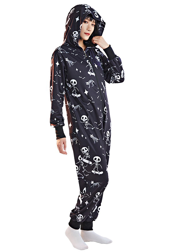 Halloween Gothic Onesie Pajama Skate Skeleton Cat Print Loungewear Adult Hooded Homewear Kigurumi