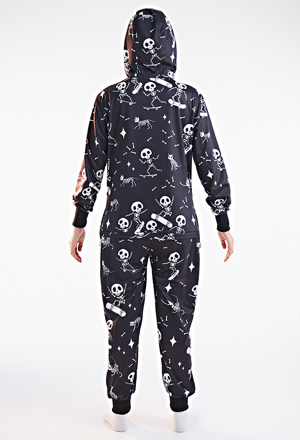 Halloween Gothic Onesie Pajama Skate Skeleton Cat Print Loungewear Adult Hooded Homewear Kigurumi