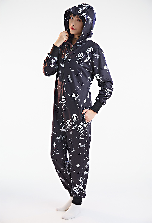 Halloween Gothic Onesie Pajama Skate Skeleton Cat Print Loungewear Adult Hooded Homewear Kigurumi