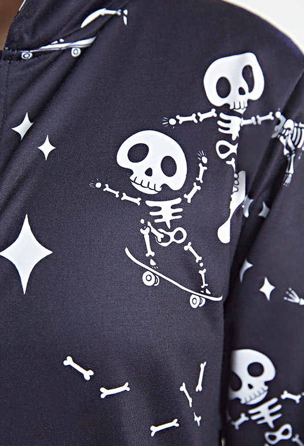 Halloween Gothic Onesie Pajama Skate Skeleton Cat Print Loungewear Adult Hooded Homewear Kigurumi