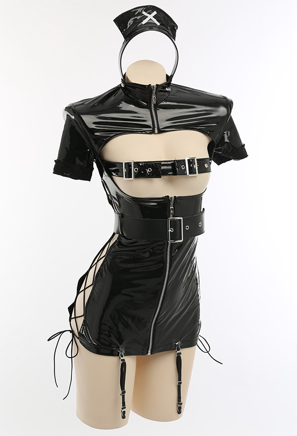 Ur Medi-sin Gothic Nurse Costume Black Lace-up Outfit With Belt Lace Mask And Headband