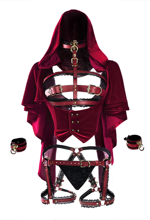 BLOOD ROSY BRIDE Sexy Valentine Lingerie Set Red Velvet Hollowed Open Chest Lingerie with garters