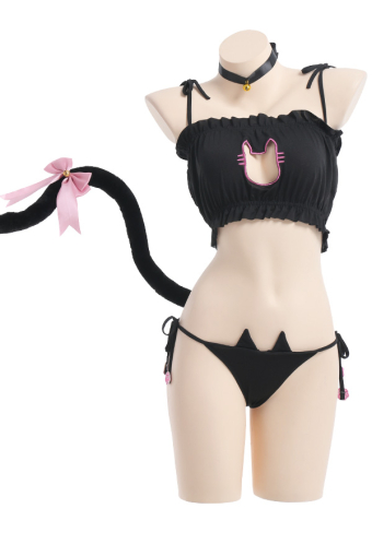 SMITTEN LIKE A KITTEN Kawaii Gothic Cat Girl Sexy Lingerie Set Black Cat-Shaped Open Chest Two-piece Lingerie