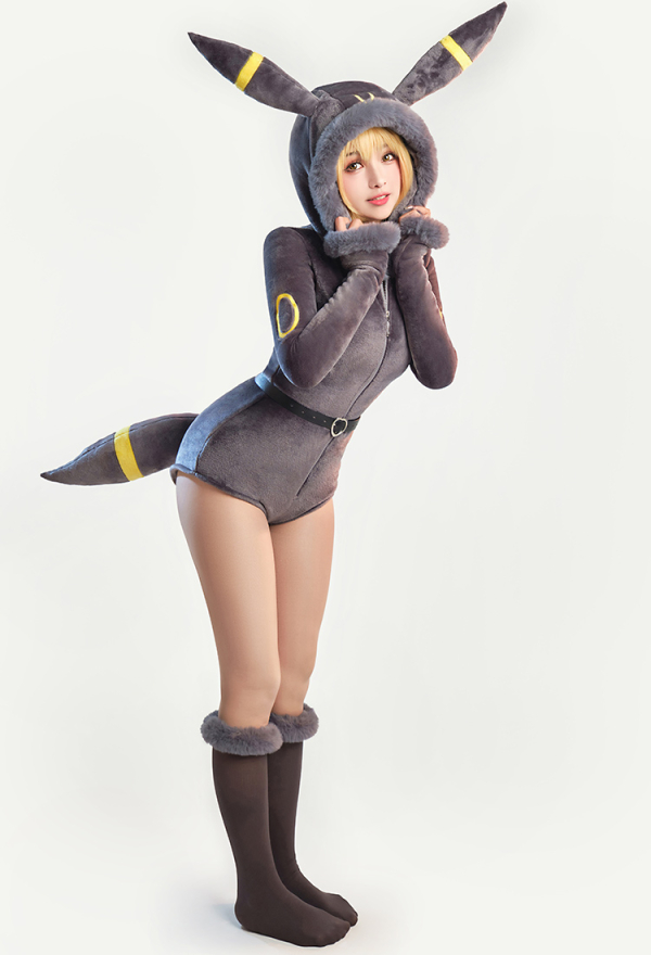 Moonlight Fox Dark Gray Sexy Romper Bodysuit Plush Hooded and Socks with Belt and Tail