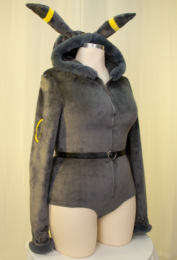 Plus Size Moonlight Fox Dark Gray Romper Bodysuit Plush Hooded and Socks with Belt and Tail