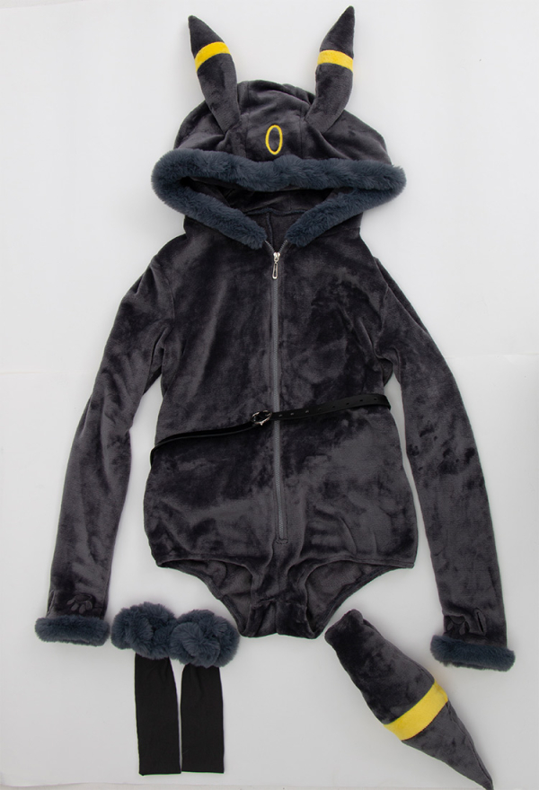 Plus Size Moonlight Fox Dark Gray Romper Bodysuit Plush Hooded and Socks with Belt and Tail