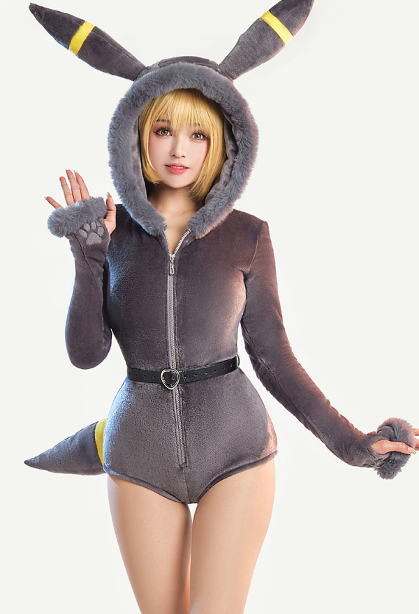 Moonlight Fox Dark Gray Sexy Romper Bodysuit Plush Hooded and Socks with Belt and Tail