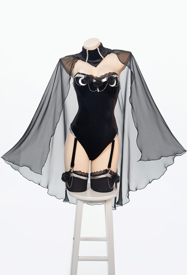 Love Poetry Sexy Black Rose Decoration Sexy Lace Lingerie with Cloak and Stocking