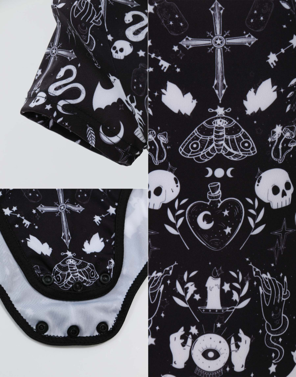 Gothic Print Bodysuit Round Neck Romper Onesie Pajamas Bodysuit with Gothic Pattern