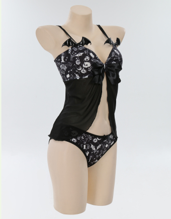 Gothic Print Nightwear Set Babydoll Sleepwear Lace V Neck Strap Cami Lingerie