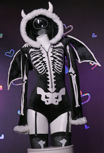 Gothic Skeleton Bodysuit Black Skull Lingerie Zipper hooded Romper and Wings with Thigh Stockings and Garters