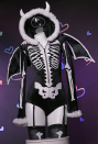 Bone To Be Wild Gothic Skeleton Bodysuit Black Skull Lingerie Zipper hooded Romper and Wings with Thigh Stockings and Garters