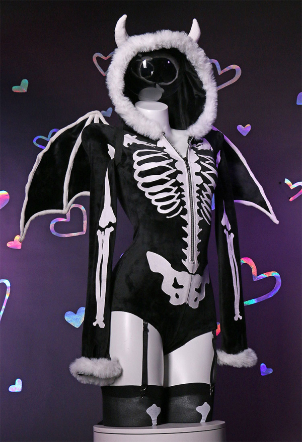 Gothic Skeleton Bodysuit Black Skull Lingerie Zipper hooded Romper and Wings with Thigh Stockings and Garters