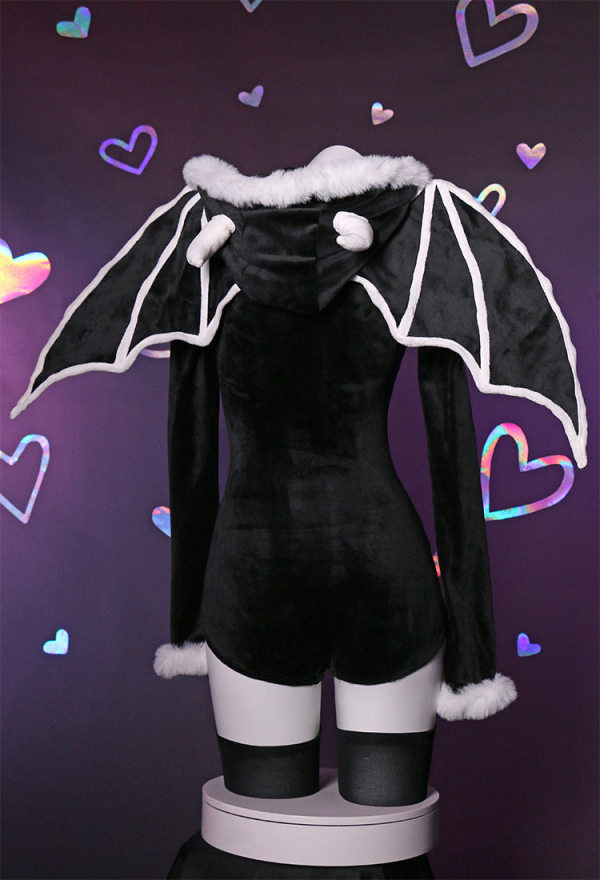 Gothic Skeleton Bodysuit Black Skull Lingerie Zipper hooded Romper and Wings with Thigh Stockings and Garters