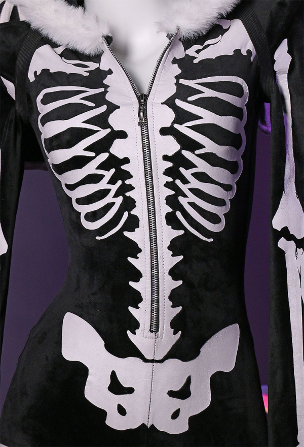 Gothic Skeleton Bodysuit Black Skull Lingerie Zipper hooded Romper and Wings with Thigh Stockings and Garters