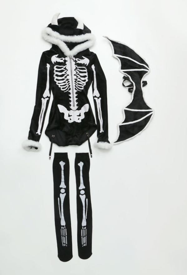 Gothic Skeleton Bodysuit Black Skull Lingerie Zipper hooded Romper and Wings with Thigh Stockings and Garters