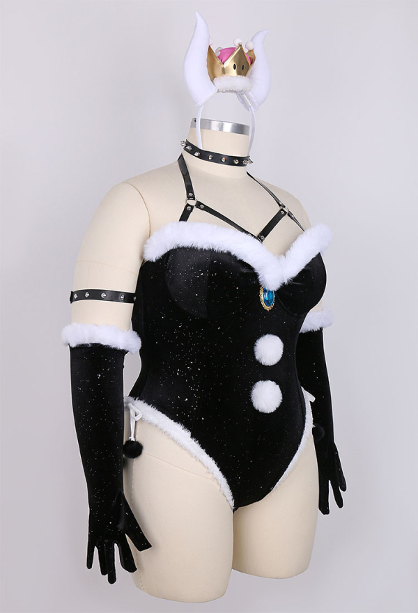 Silent Night Plus Size Gothic Christmas Sexy Lingerie Set Furry Bodysuit with Headwear Glvoes Stockings