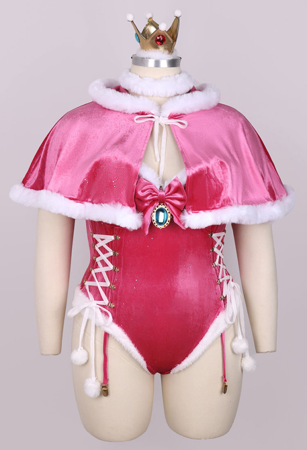 Plus Size Peach Derivative Plush Sexy Lingerie Set Christmas Fluffy Bodysuit and Cape with Crown Gloves