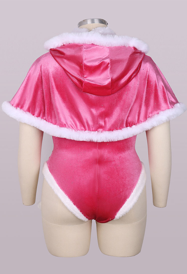 Plus Size Peach Derivative Plush Sexy Lingerie Set Christmas Fluffy Bodysuit and Cape with Crown Gloves