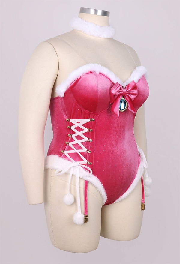 Plus Size Peach Derivative Plush Sexy Lingerie Set Christmas Fluffy Bodysuit and Cape with Crown Gloves