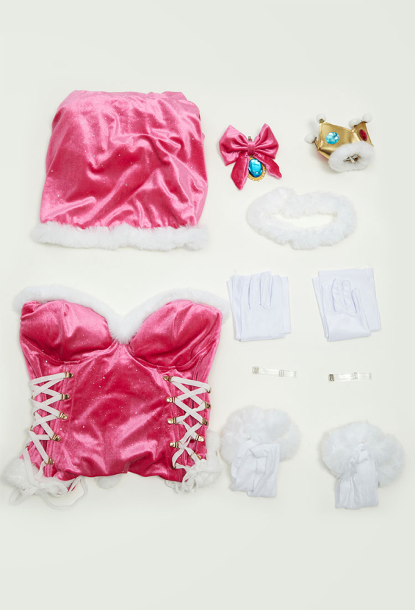 Plus Size Peach Derivative Plush Sexy Lingerie Set Christmas Fluffy Bodysuit and Cape with Crown Gloves