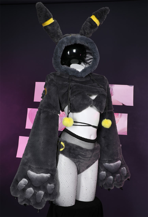 Moonlight Fox Dark Furry Paw Sexy Lingerie Kawaii Plush Homewear Paw Gloves Hoodie Top and Bra Bottoms with Stockings