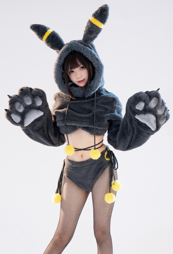 Moonlight Fox Dark Furry Paw Sexy Lingerie Kawaii Plush Homewear Paw Gloves Hoodie Top and Bra Bottoms with Stockings