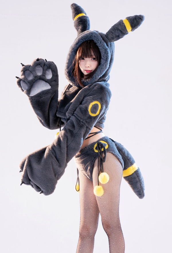 Moonlight Fox Dark Furry Paw Sexy Lingerie Kawaii Plush Homewear Paw Gloves Hoodie Top and Bra Bottoms with Stockings