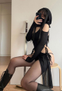 DARK BREATH Sexy Ninja Style Lingerie Set Black Lace up Slit Dress and Hooded Top