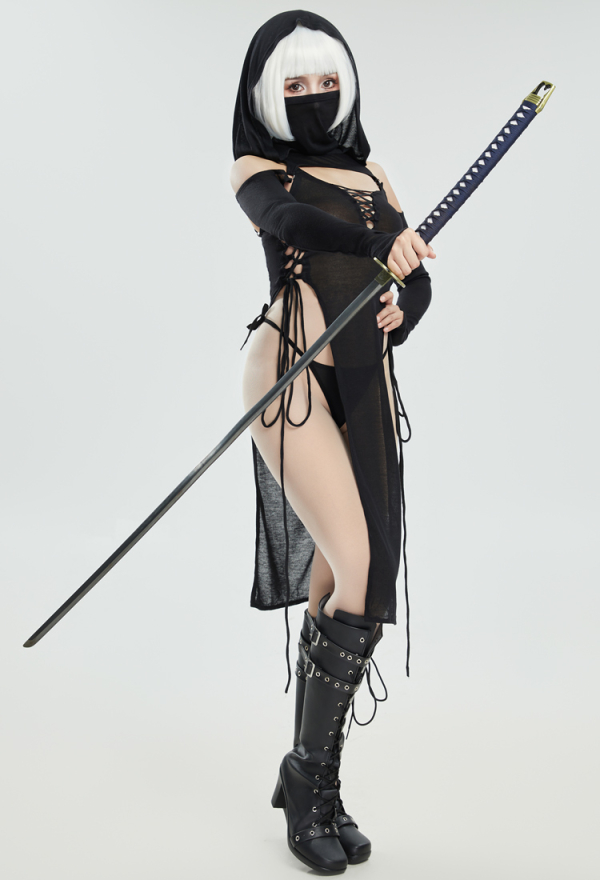 DARK BREATH Sexy Ninja Style Lingerie Set Black Lace up Slit Dress and Hooded Top