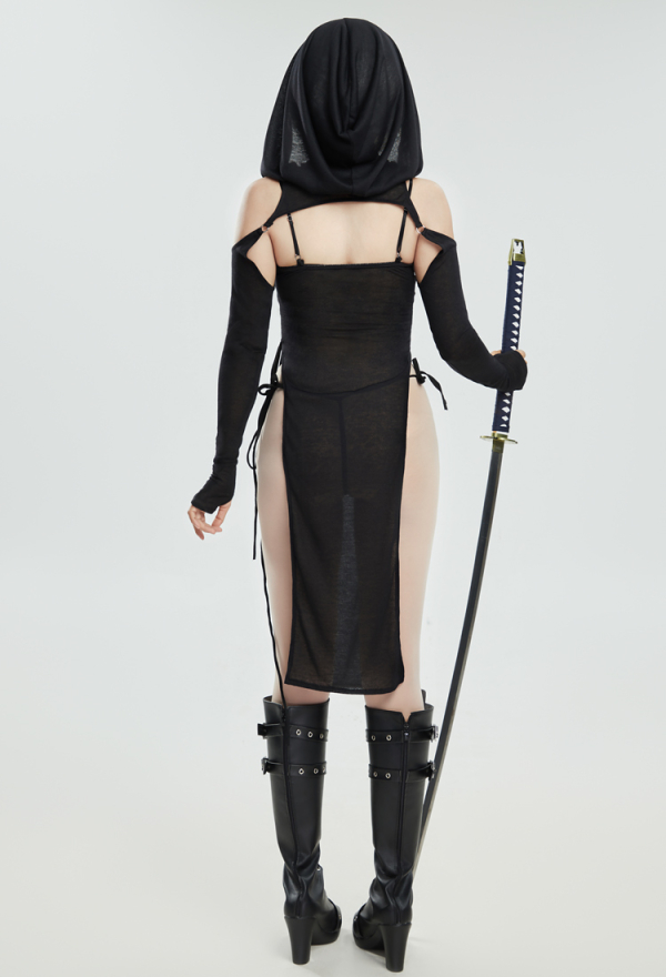 DARK BREATH Sexy Ninja Style Lingerie Set Black Lace up Slit Dress and Hooded Top