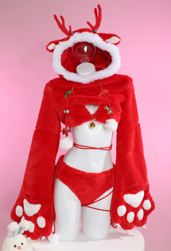 Furry Paw Sexy Lingerie Set Christmas Reindeer Style Paw Gloves Short Hoodie and Bra Panty Plush Homewear