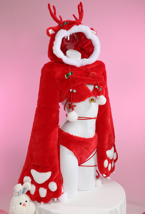 Furry Paw Sexy Lingerie Set Christmas Reindeer Style Paw Gloves Short Hoodie and Bra Panty Plush Homewear