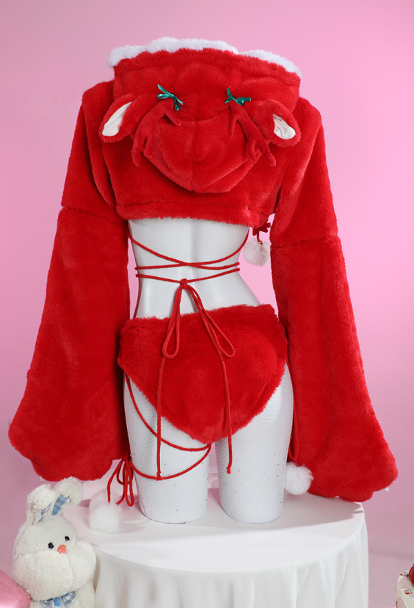 Furry Paw Sexy Lingerie Set Christmas Reindeer Style Paw Gloves Short Hoodie and Bra Panty Plush Homewear