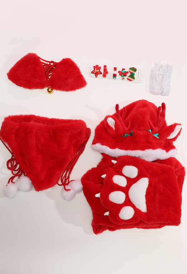 Furry Paw Sexy Lingerie Set Christmas Reindeer Style Paw Gloves Short Hoodie and Bra Panty Plush Homewear