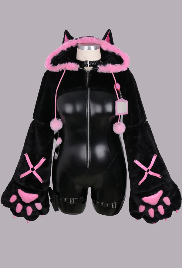 Plus Size Sexy Leather Jumpsuit Tight Bodysuit and Hooded Top with Furry Paw Gloves and Chest Plate Cosplay Costume