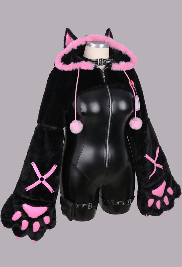 Plus Size Sexy Leather Jumpsuit Tight Bodysuit and Hooded Top with Furry Paw Gloves and Chest Plate Cosplay Costume