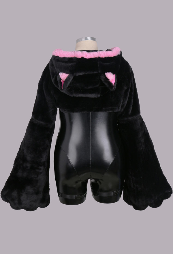 Plus Size Sexy Leather Jumpsuit Tight Bodysuit and Hooded Top with Furry Paw Gloves and Chest Plate Cosplay Costume