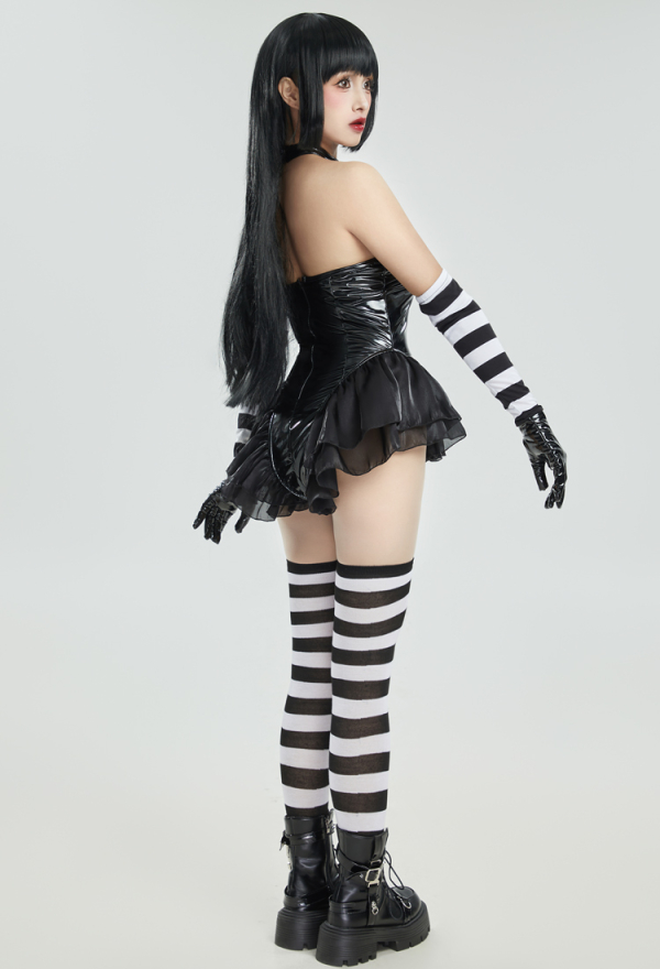 Spooky Puppet Black Bodysuit Set with Black White Striped Gloves and Thigh-High Stockings