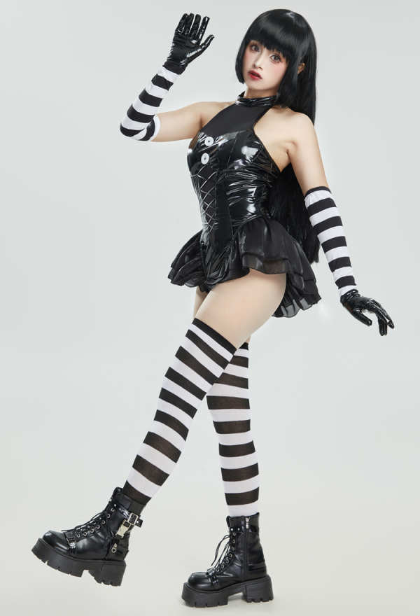 Spooky Puppet Black Bodysuit Set with Black White Striped Gloves and Thigh-High Stockings