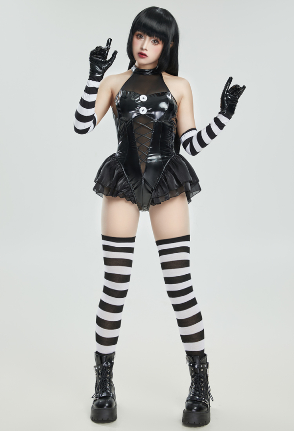 Spooky Puppet Black Bodysuit Set with Black White Striped Gloves and Thigh-High Stockings