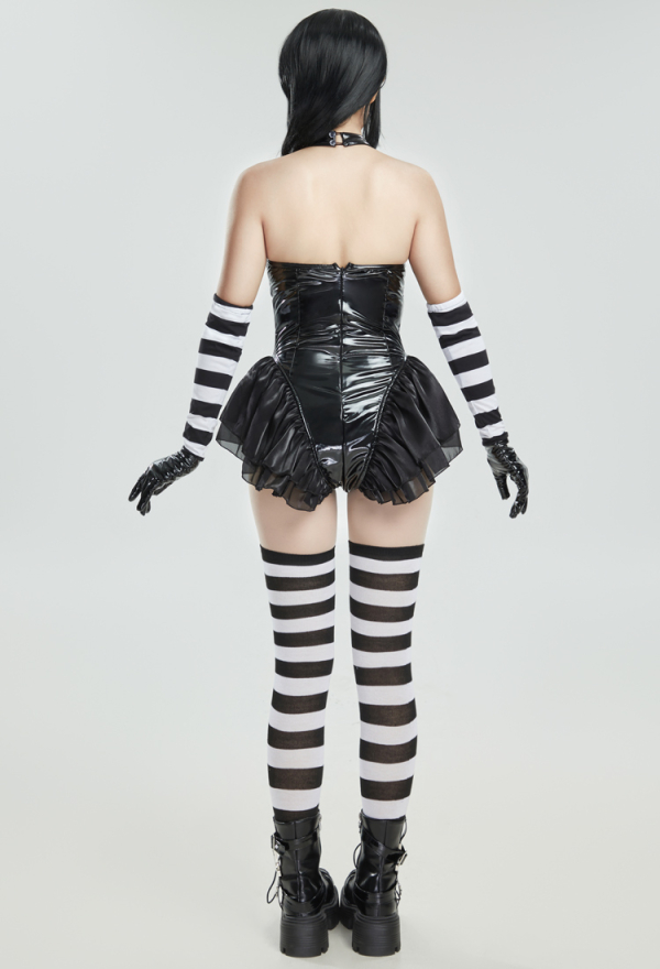 Spooky Puppet Black Bodysuit Set with Black White Striped Gloves and Thigh-High Stockings