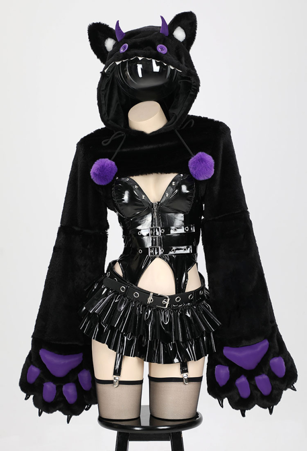 Gothic Sexy Lingerie Set Zipper Top and Thong Black Purple Short Hoodie with Furry Paw Gloves