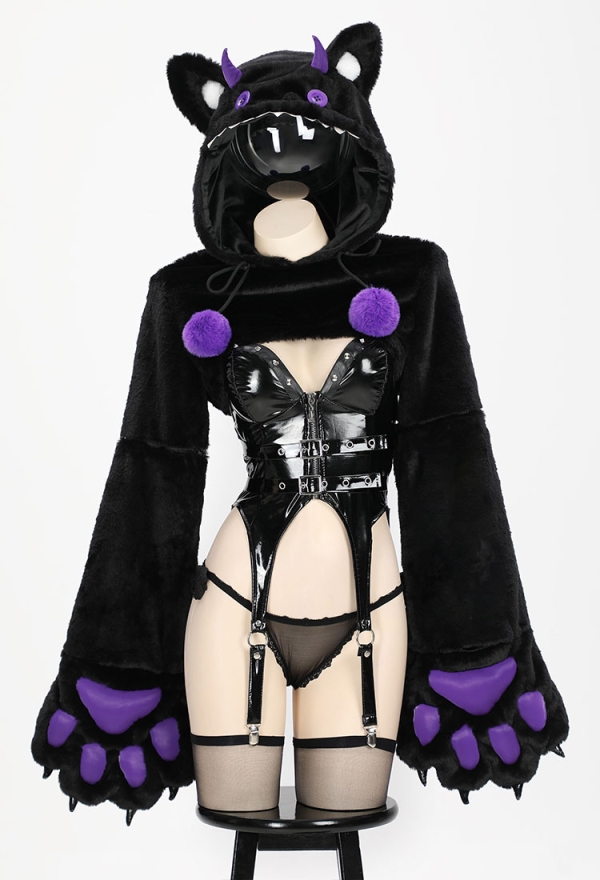 Gothic Sexy Lingerie Set Zipper Top and Thong Black Purple Short Hoodie with Furry Paw Gloves