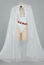 Love Healer Women Gothic Sexy White Halter Backless Front Hollow High Slit PU Leather Bodysuit with Cloak and Chain