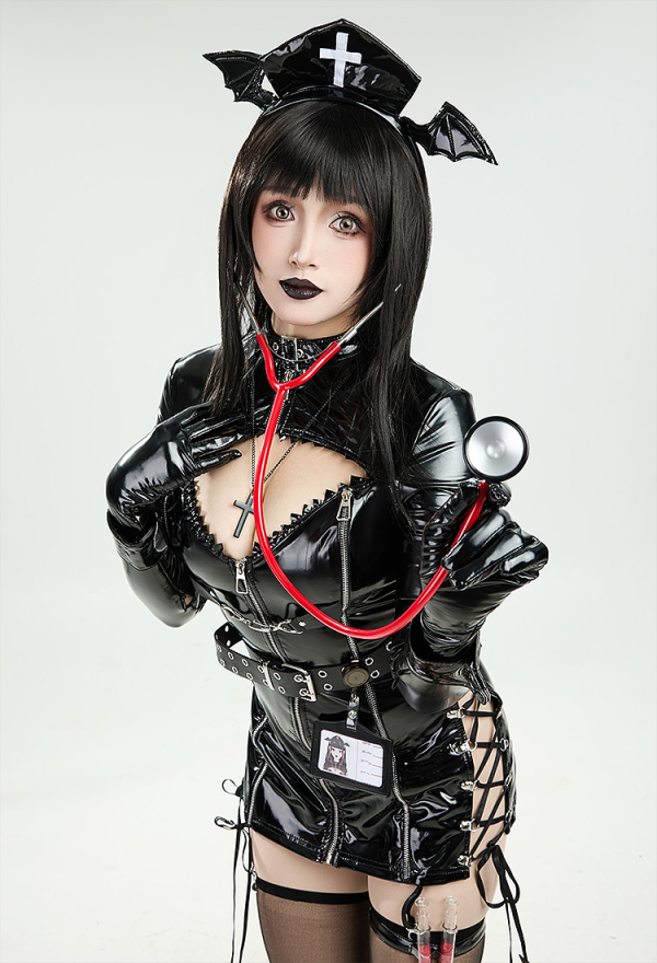 Gothic Nurse Uniform Black Dress and Headband with Thigh-High Stockings and Necklace